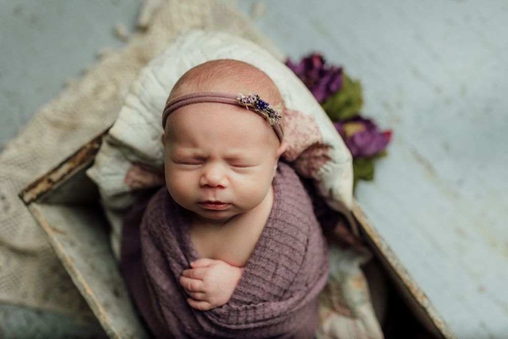 Artistic newborn photography with baby wrapped in purple knit blanket and floral accents.