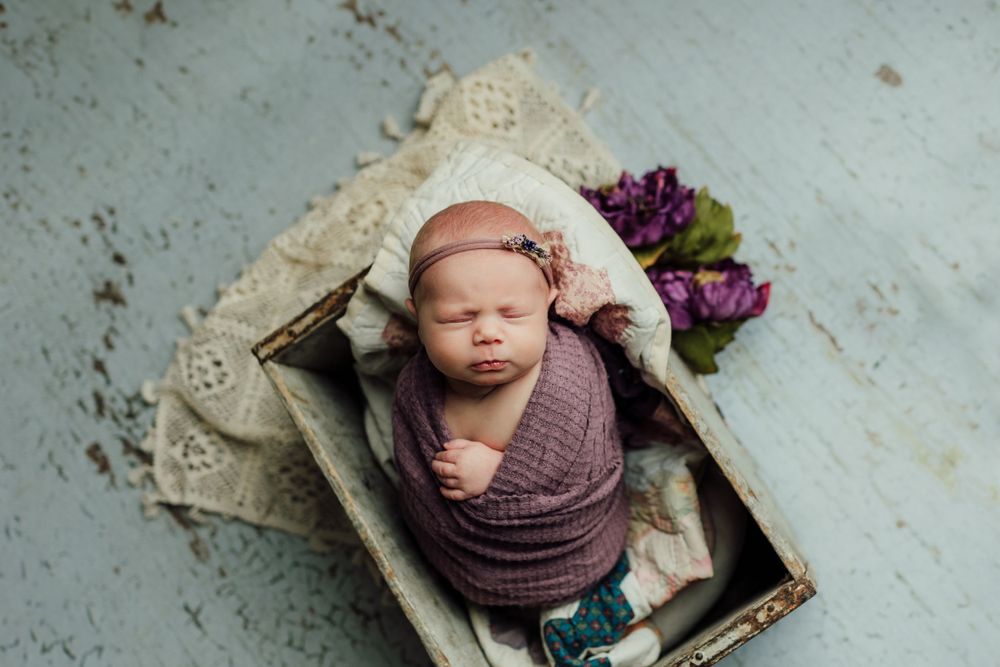 Overhead view of sleeping newborn posed with purple fabric and flowers.