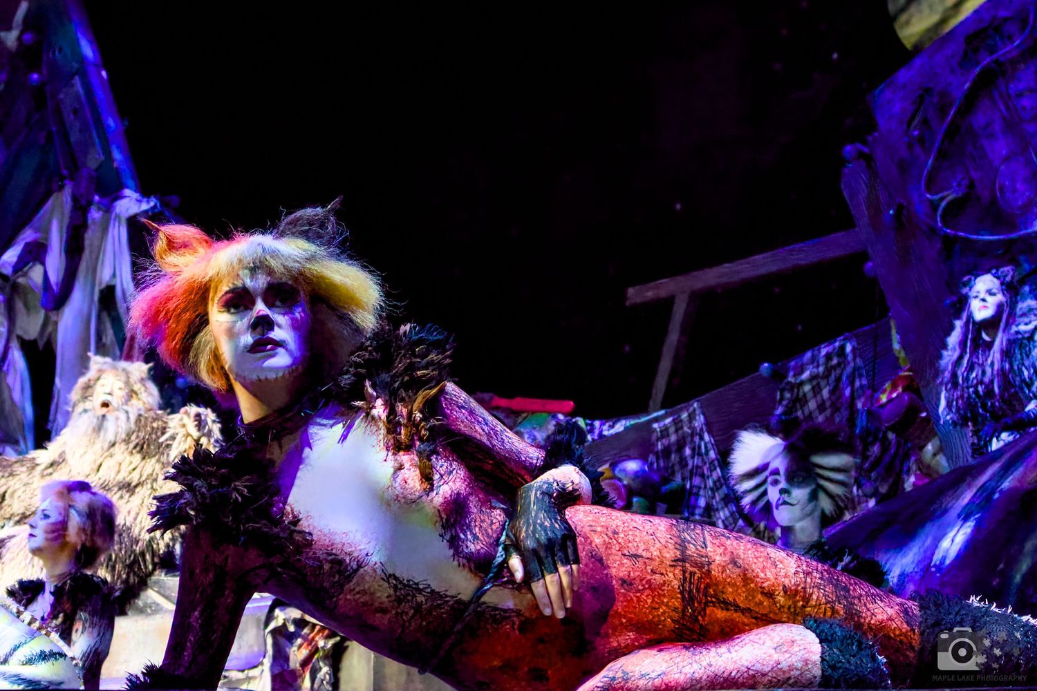 Theatrical performance featuring colorfully costumed character on dark stage with dramatic lighting.