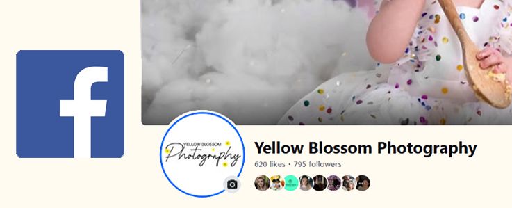 Facebook social media profile header for Yellow Blossom Photography with colorful floating confetti background.