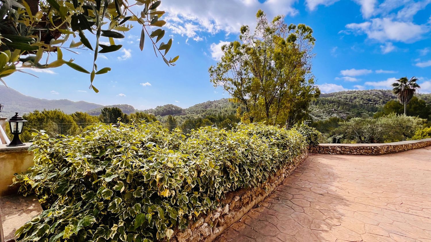 Landscaped garden path with mountain views and lush greenery under blue skies.