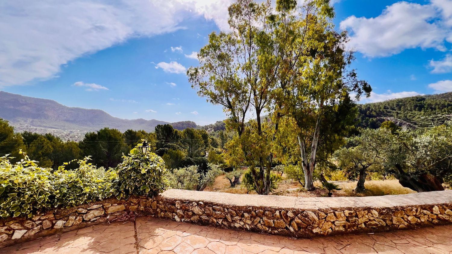 Stone wall terrace with panoramic views of Mediterranean mountains and native vegetation.