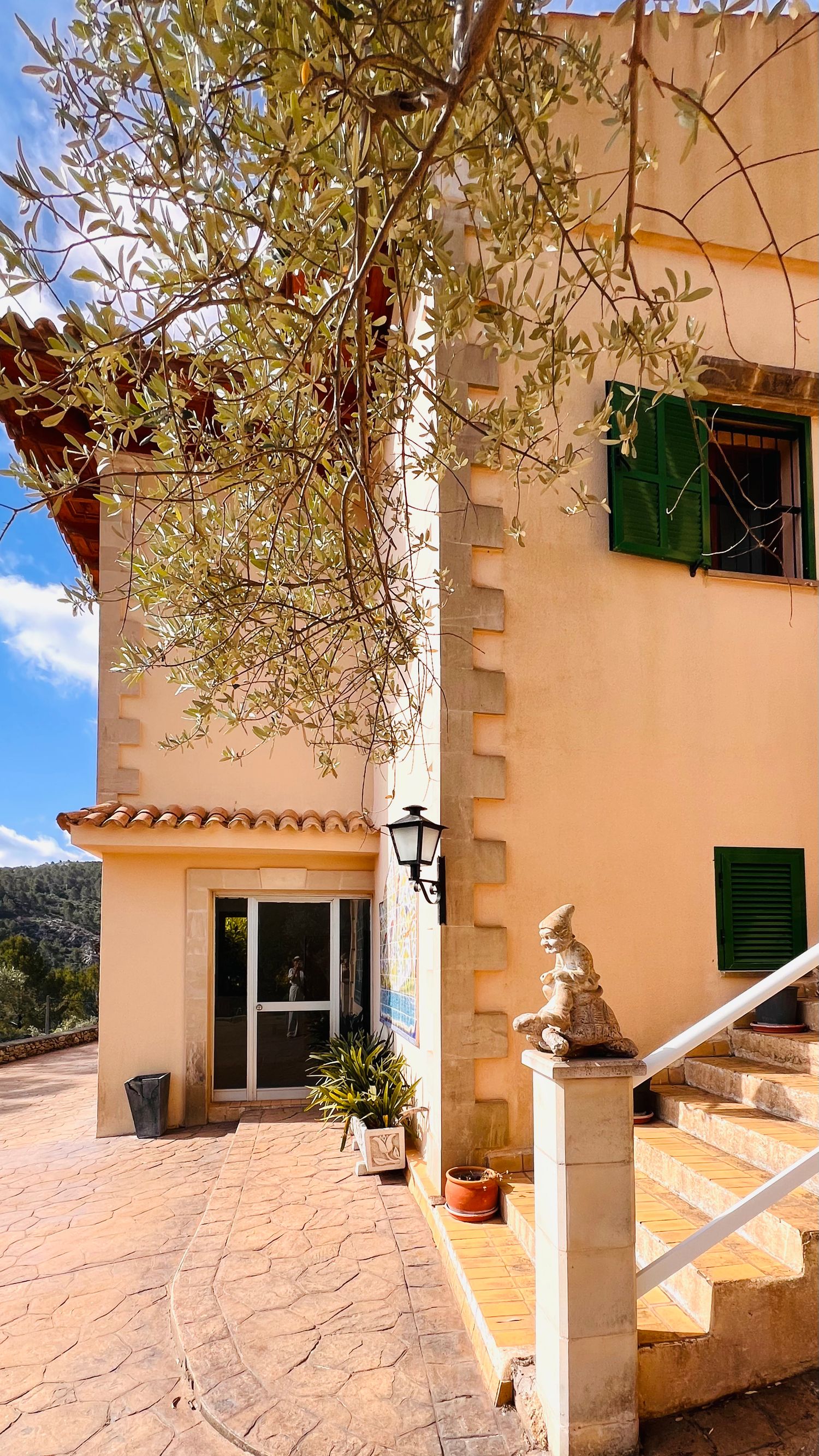 Mediterranean villa entrance with stone steps, lantern, and green shuttered windows.