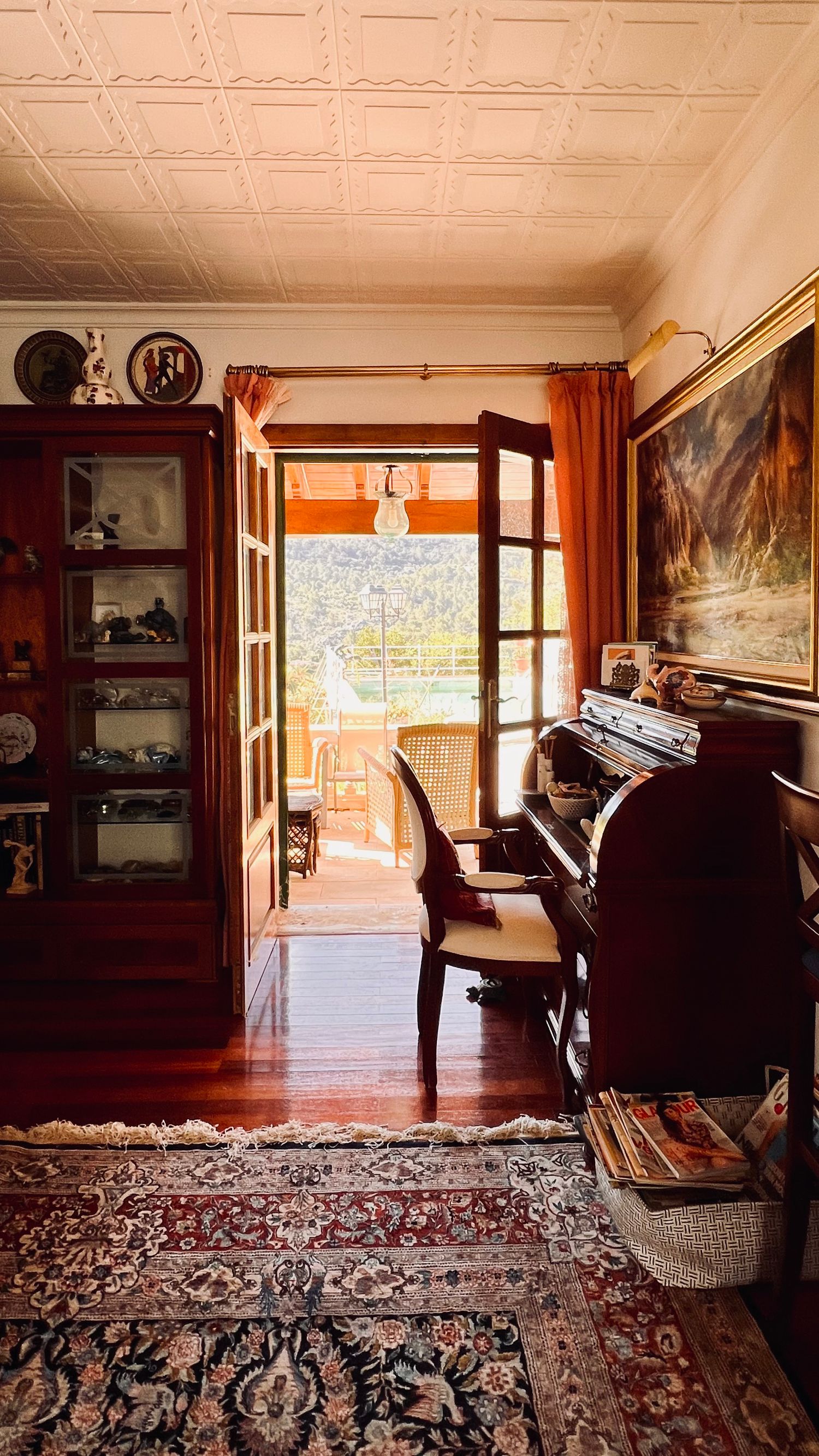 Elegant room with piano, oriental rug, and French doors opening to a sunny terrace view.