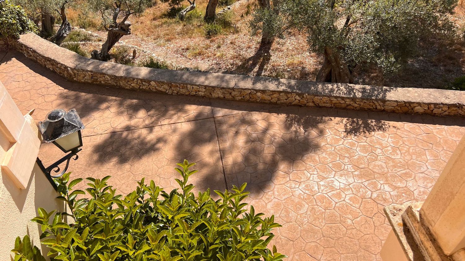 View of a terracotta paved terrace with vintage lampposts and lush greenery.