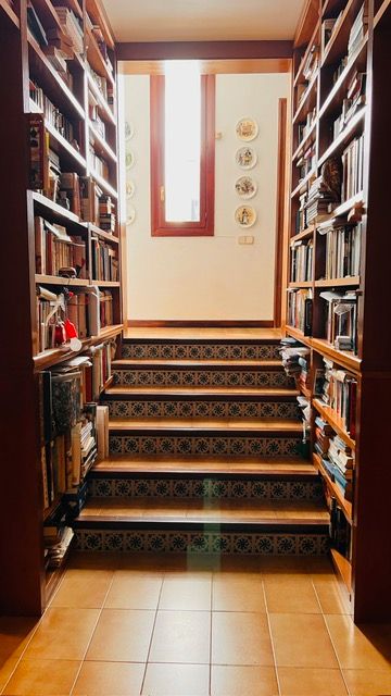 Library staircase with built-in bookshelves and patterned carpet steps leading upward.