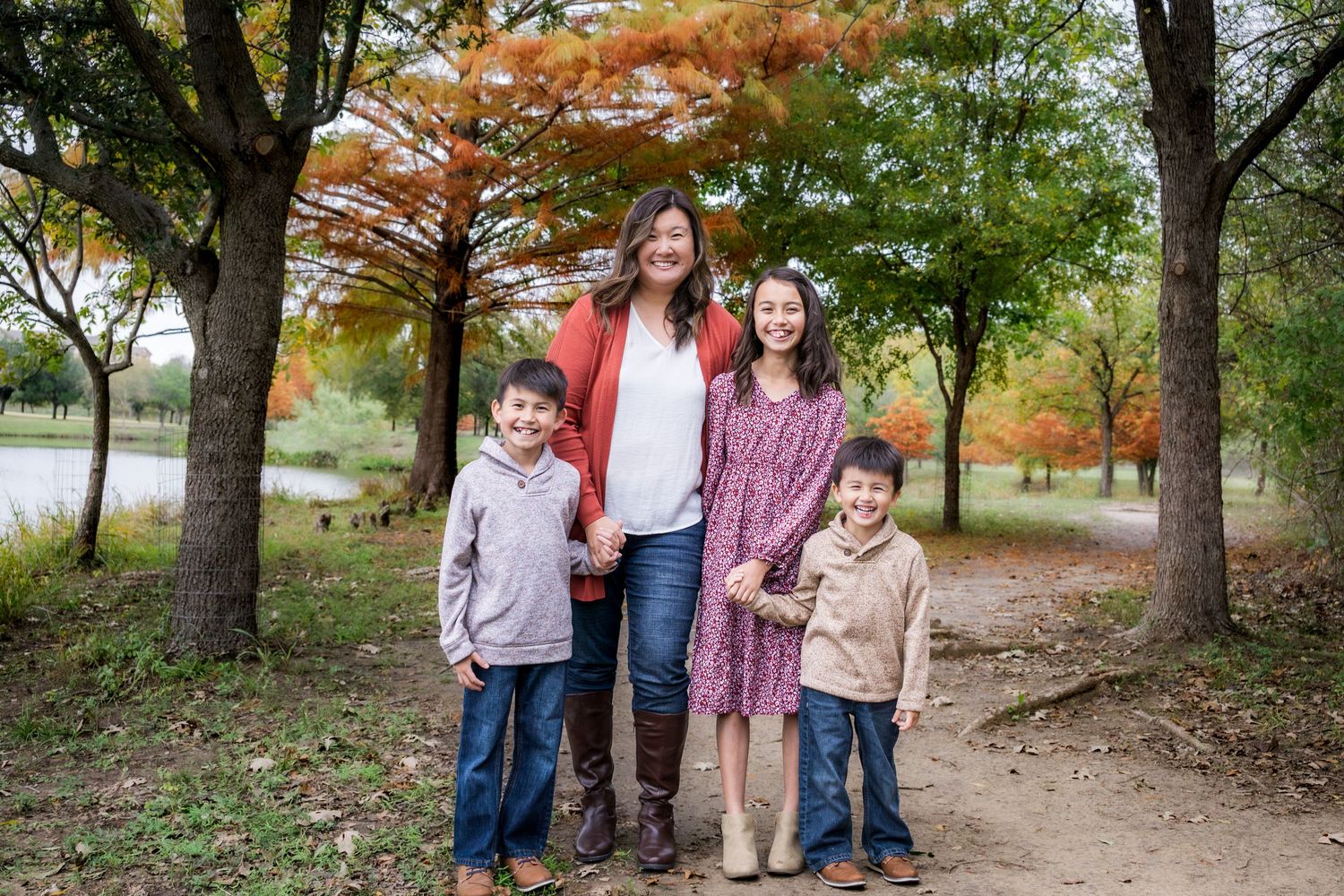 fall family session fall colors orange love mom and boys daughter holiday cards Christmas photos photography Keller Texas town center