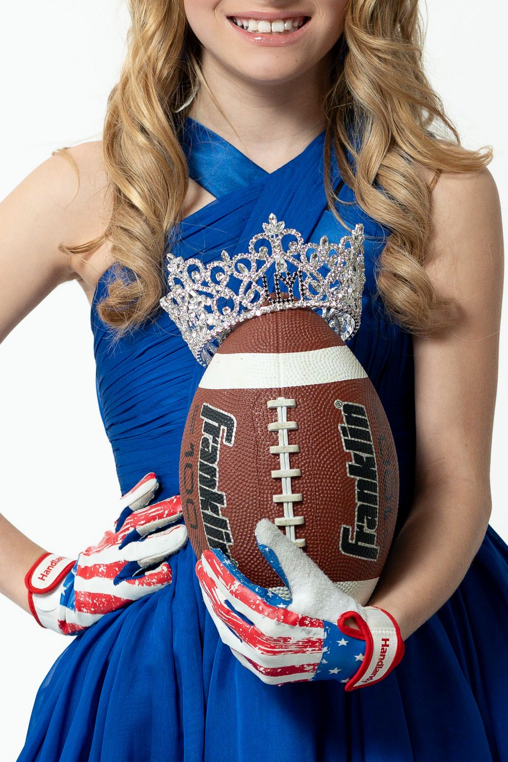 Person in royal blue dress holding football with patriotic red white and blue gloves in sequence of poses.