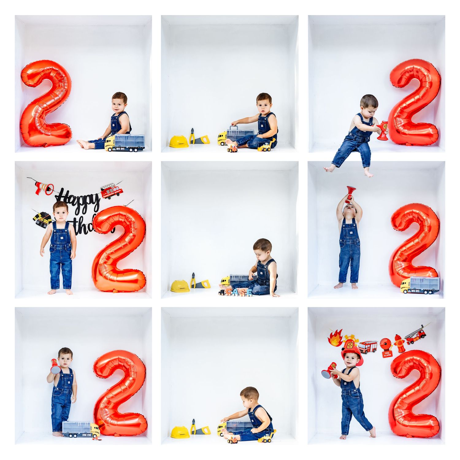 Creative birthday photo collage with red number 2 balloon and child playing in blue overalls.