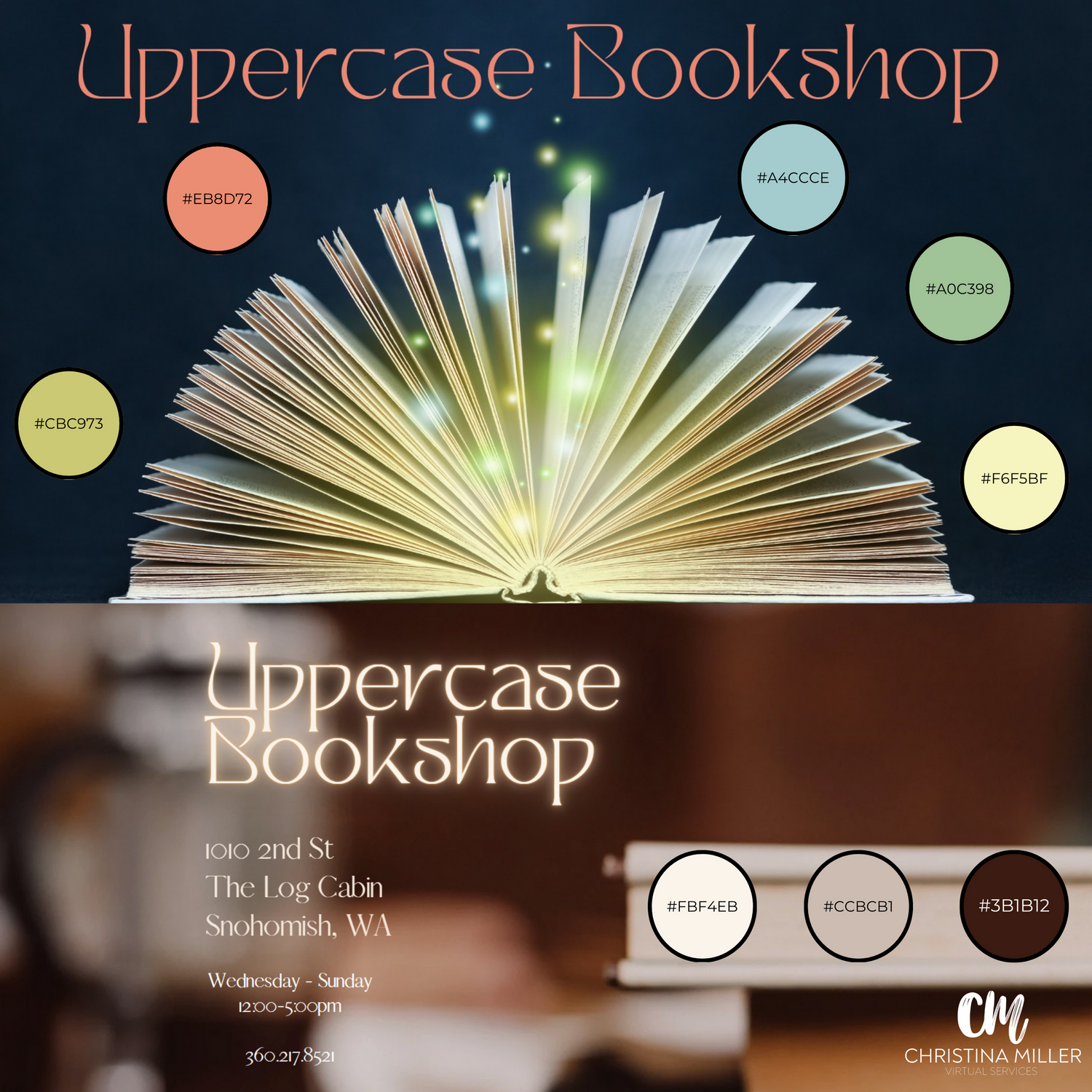 Marketing materials for Uppercase Bookshop with illuminated book design and brand colors.