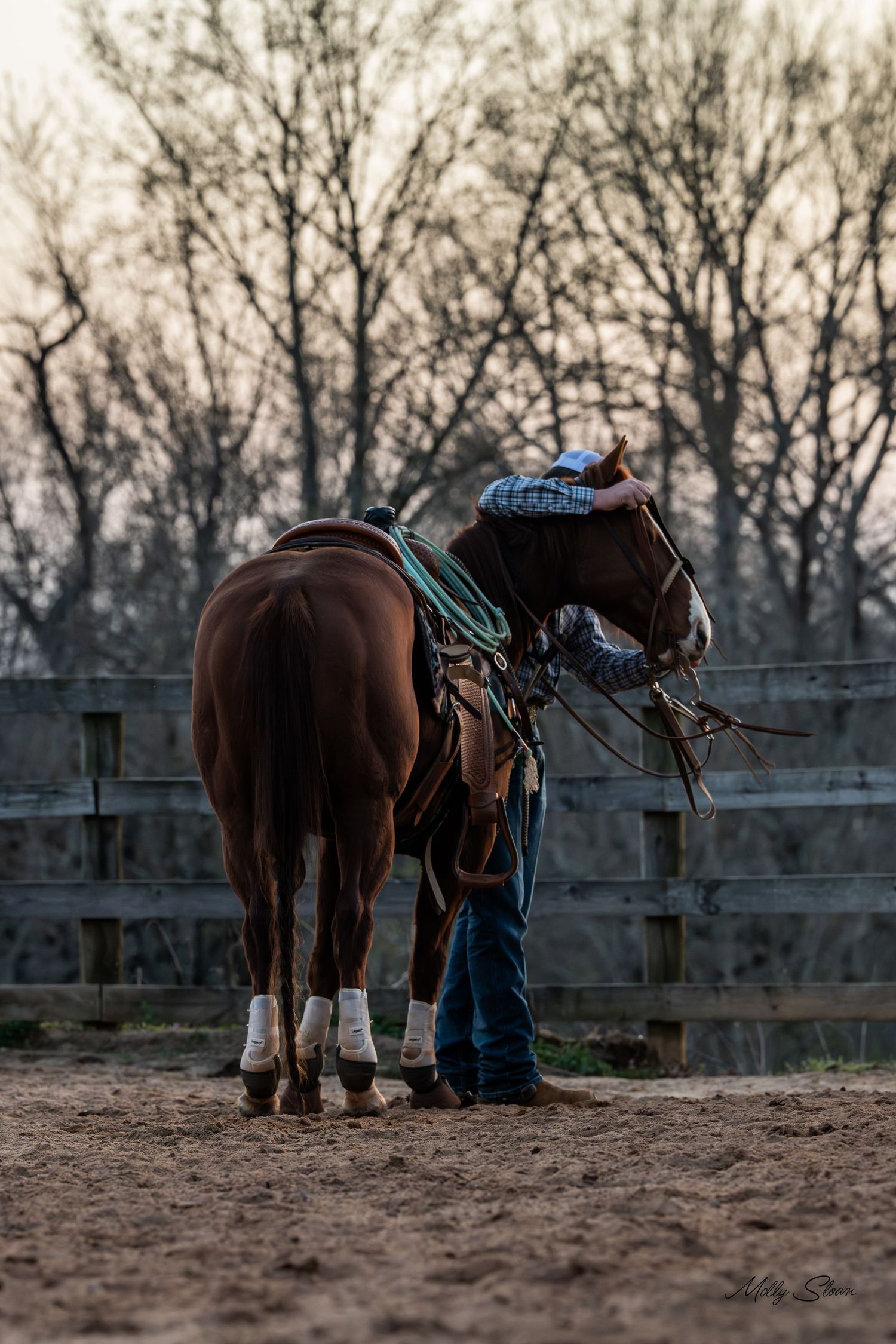 Cowboy standing beside a saddled chestnut horse in a dirt arena at dusk near a wooden fence.