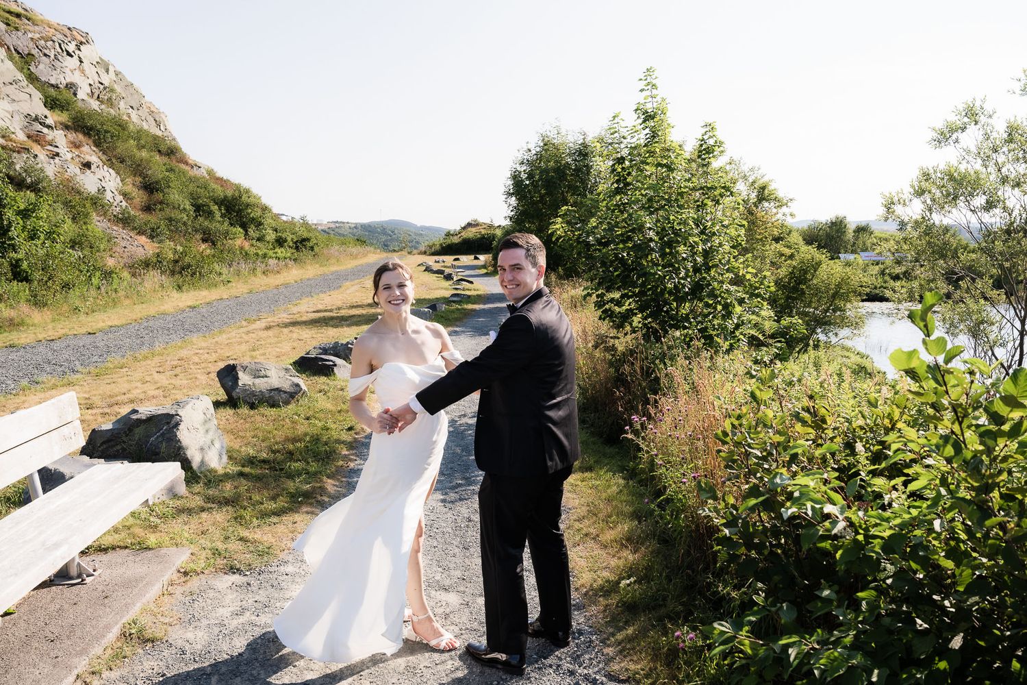 bride holds the hands of the groom. smile and saying we are happy