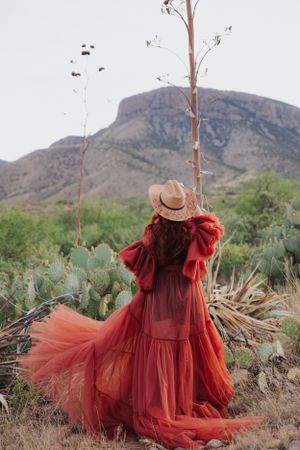 Whimsical red tulle gown and hat create dramatic silhouette against desert mountain scenery.