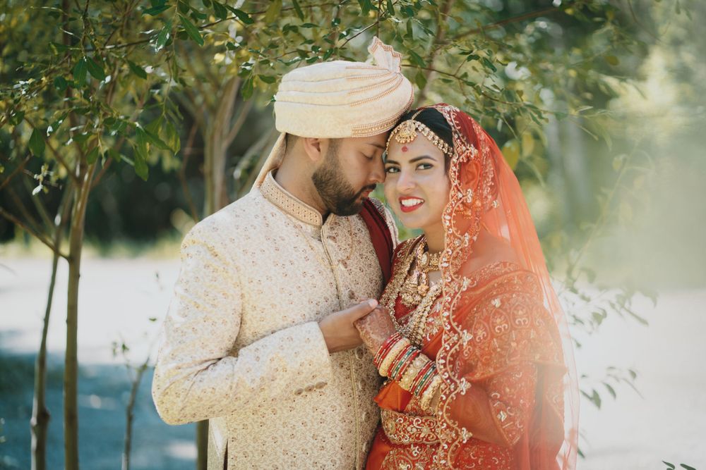 Traditional Indian wedding couple in elegant attire sharing a romantic moment outdoors.