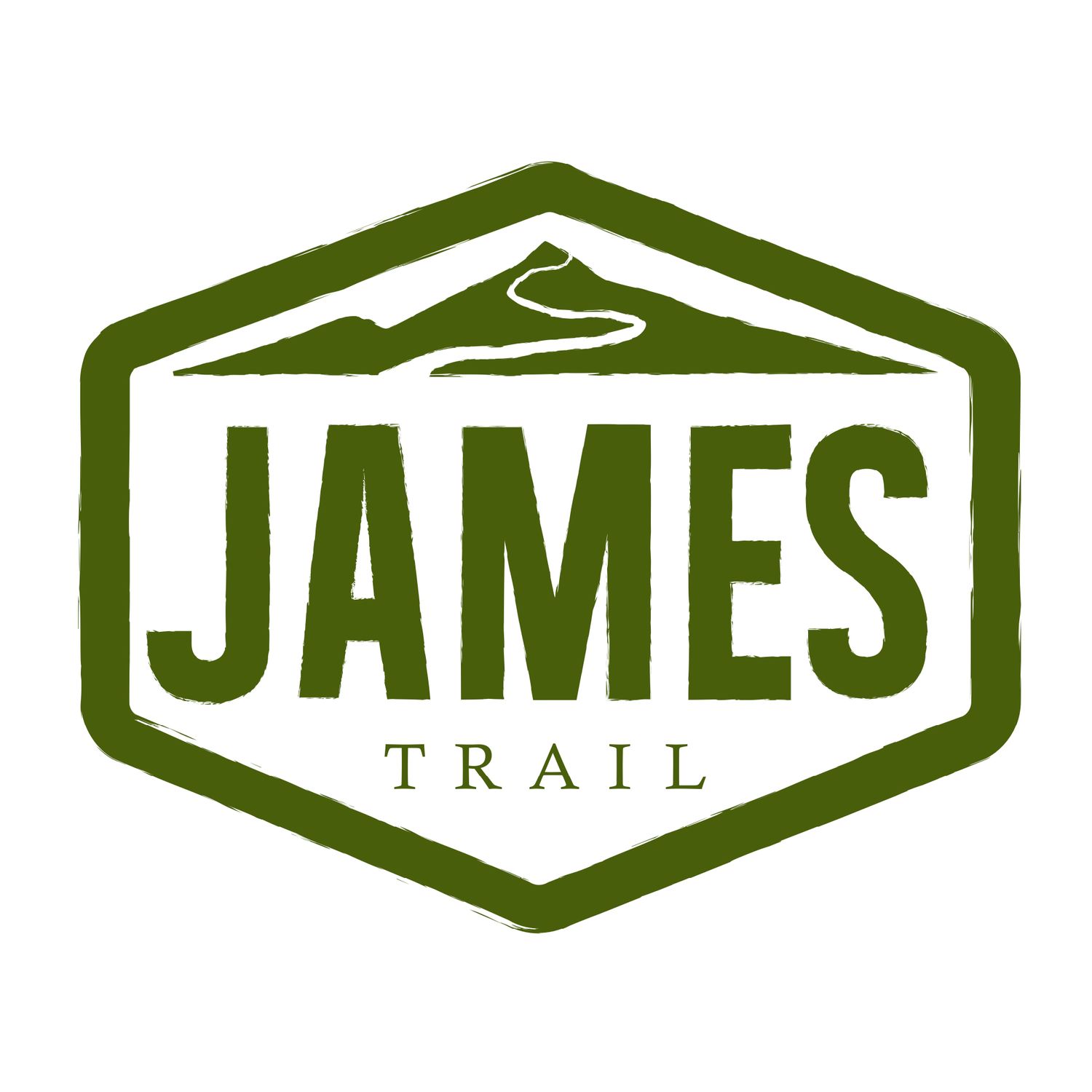 Green hexagonal outdoor logo for James Trail with mountain peak silhouette.
