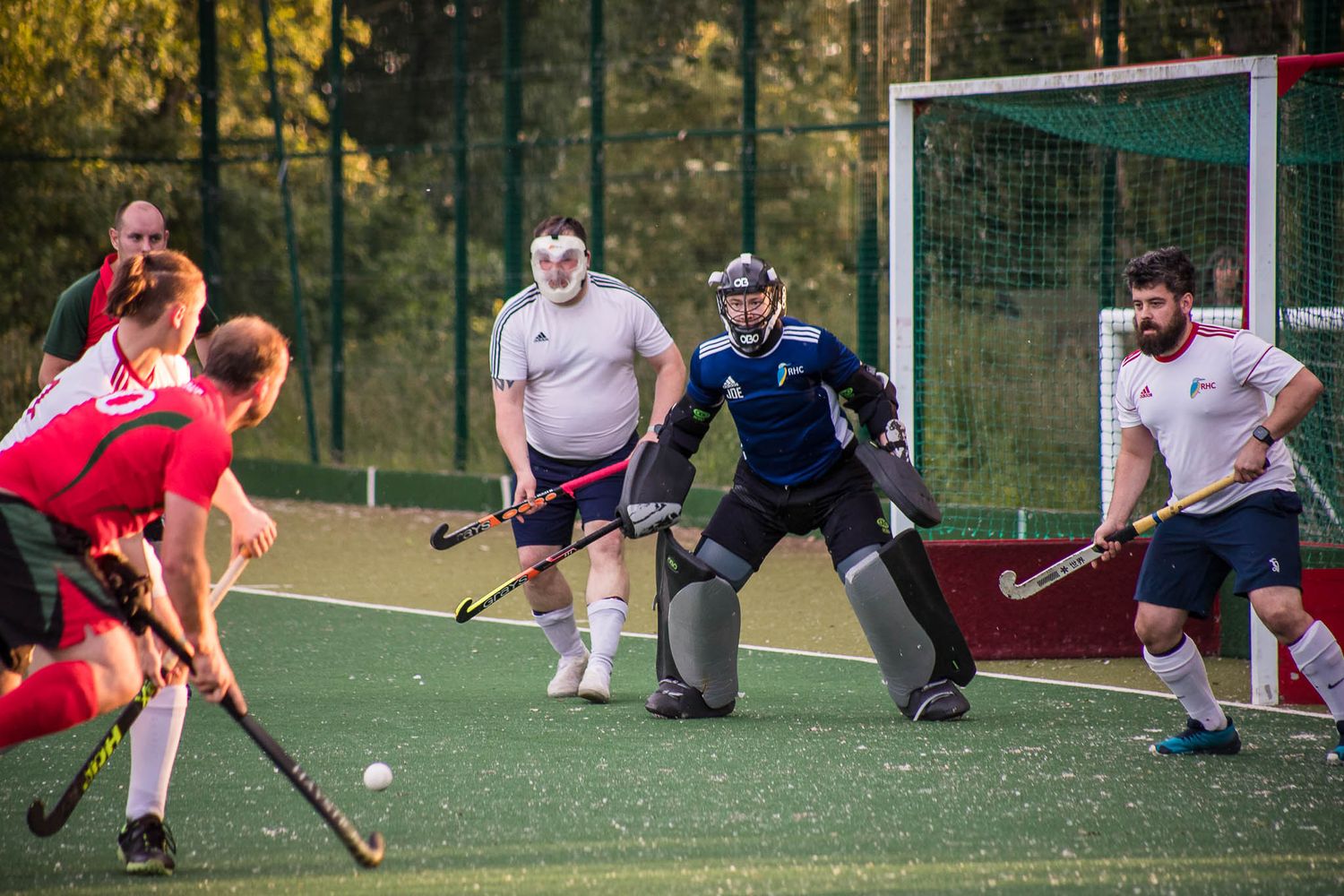 Summer league hockey photography. Bromsgrove about to take a shot at goal vs Redditch Hockey Club