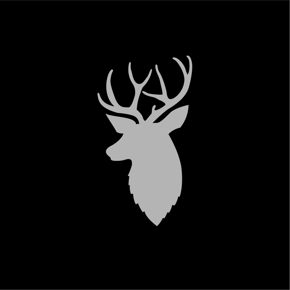 Gray deer head silhouette logo on black background.