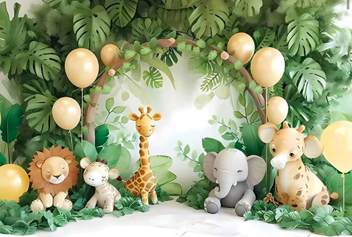Safari themed baby shower backdrop with tropical leaves, balloons and plush animal decorations.