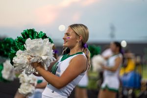 Cheerleaders perform with white and green pom poms during a sunset performance.