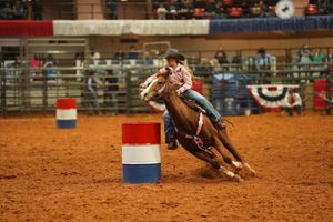 Barrel racing competition at rodeo with horse and rider navigating orange dirt arena.