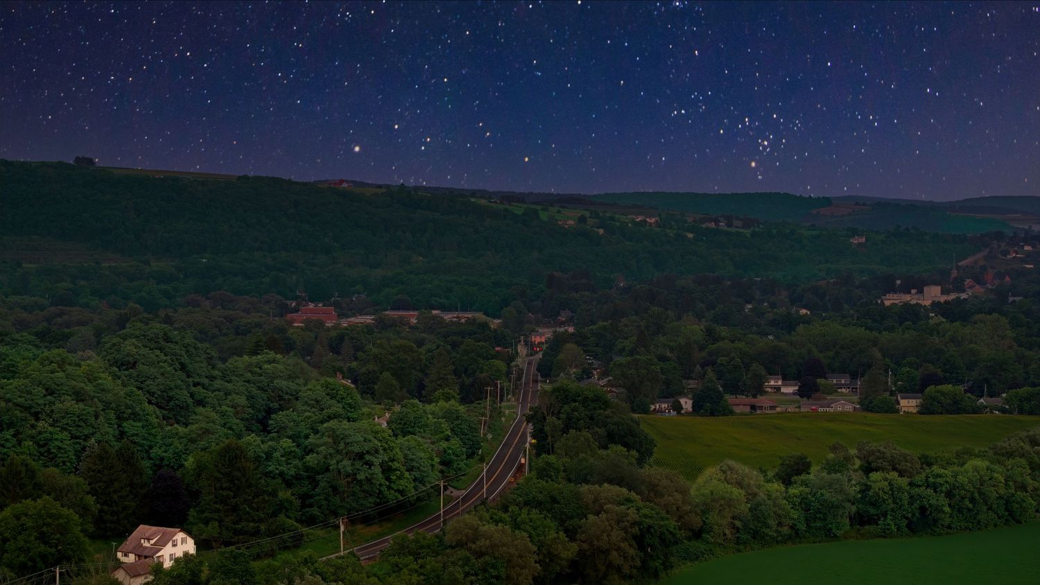 Village of Homer Night Photo showing Stars, Route 41 coming into Homer