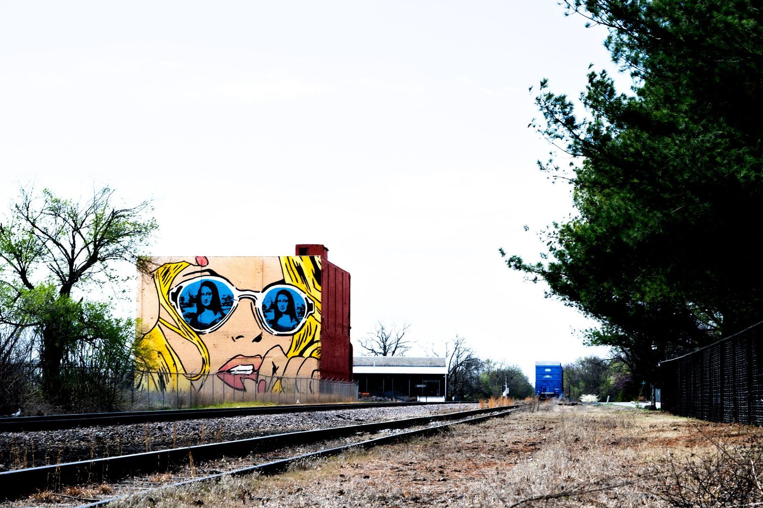 Graffiti art of a cartoon face with sunglasses painted on an old train car along railroad tracks.