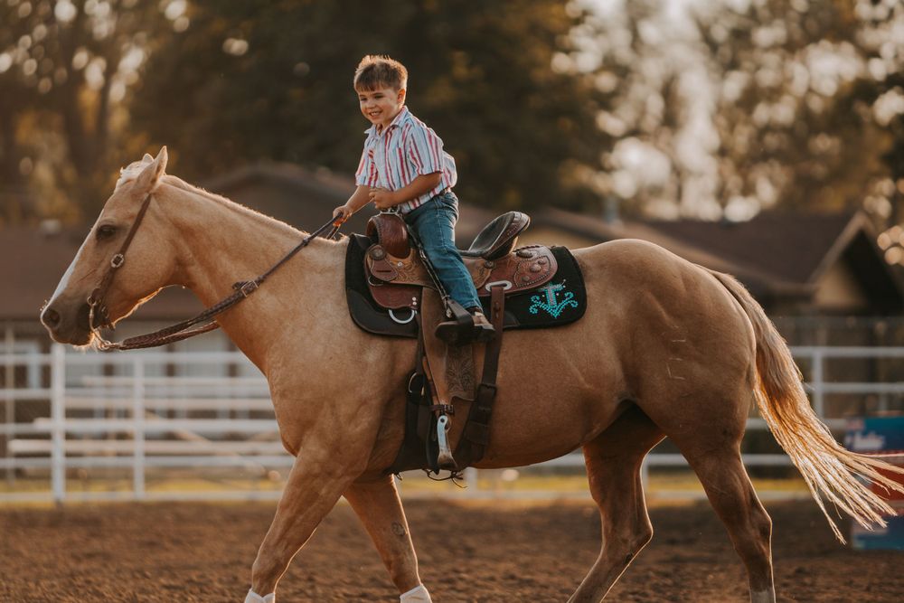 Rider on a gentle palomino horse walking through an arena at sunset.