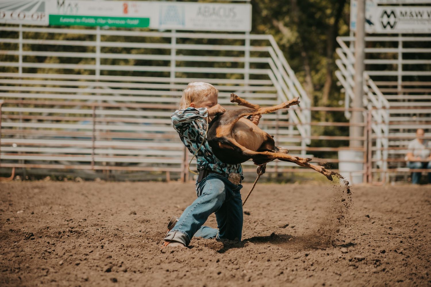 Skilled roper competing in calf roping event at western rodeo.