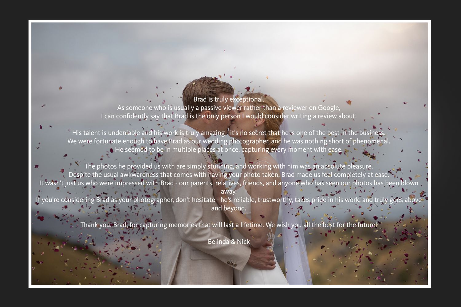 A couple embraces in a meadow with soft light and text overlay.