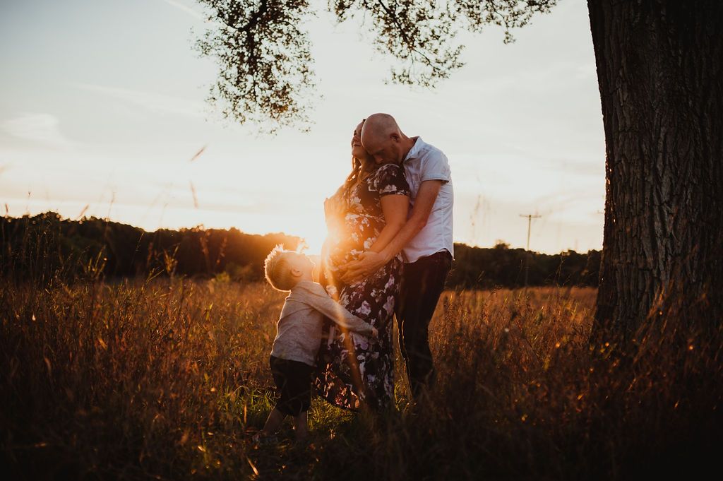Silhouettes embrace in a golden field at sunset with a tree in the background.