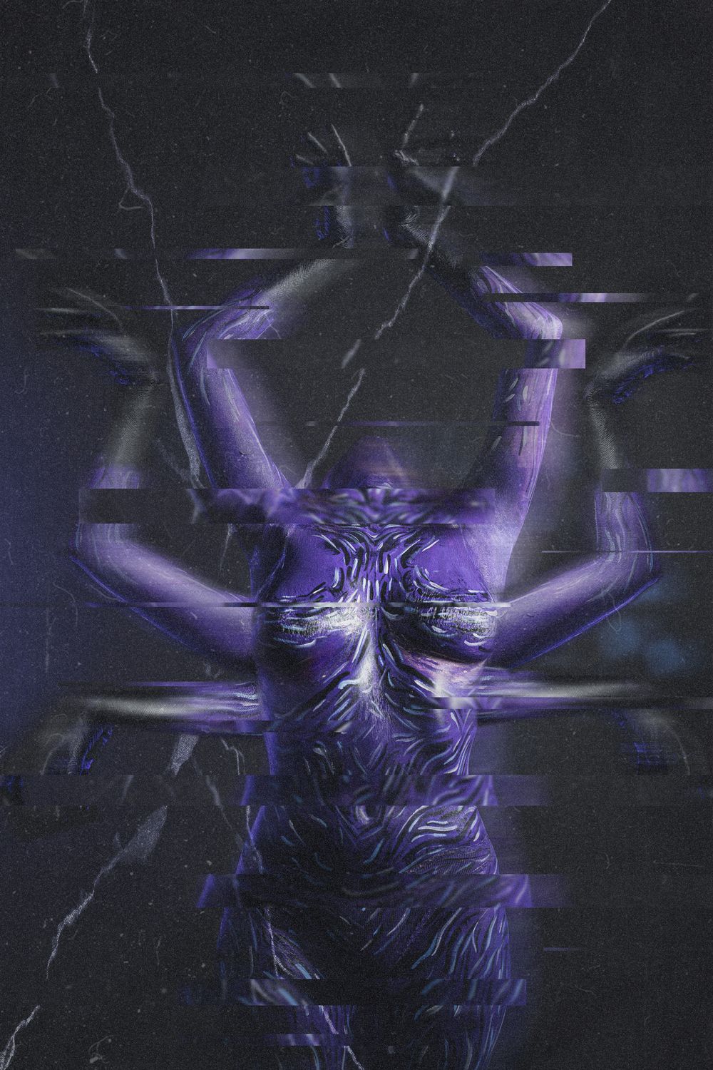 Abstract purple digital art of a multi-armed figure with glitch effects on dark background.