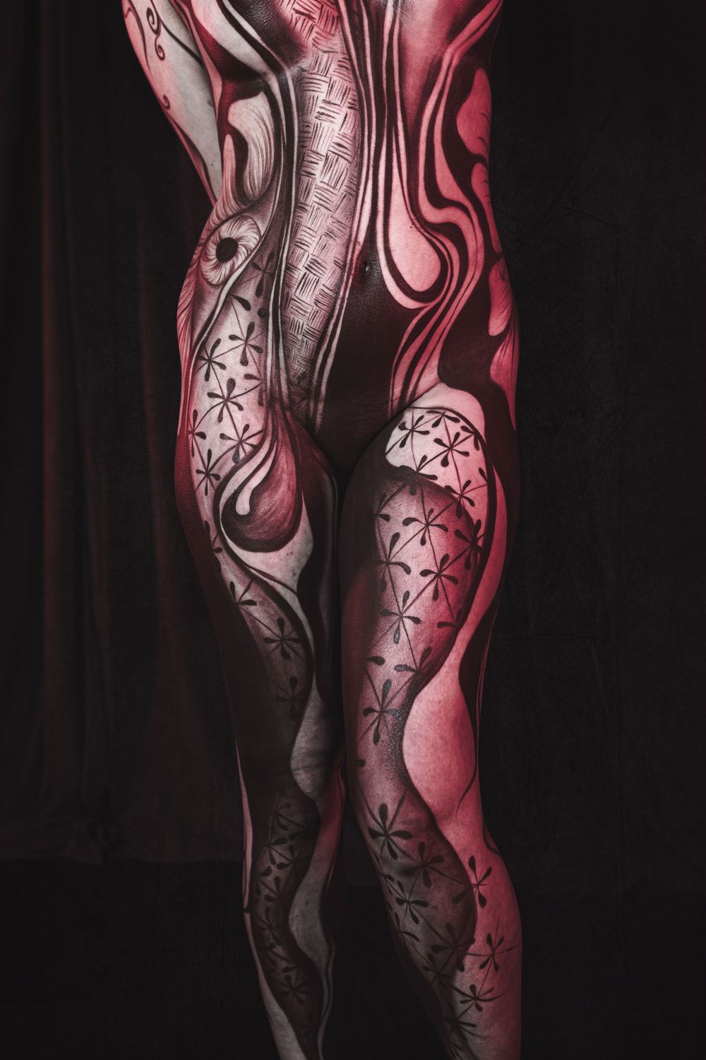 Artistic full body paint design in red black and white on female figure against dark backdrop.