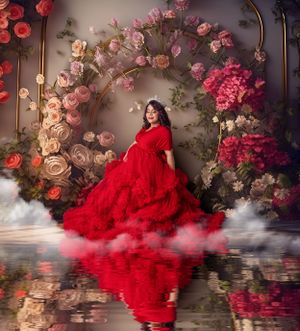 Dramatic maternity photo with flowing red gown against a floral arch backdrop with dreamy smoke effects and reflections.