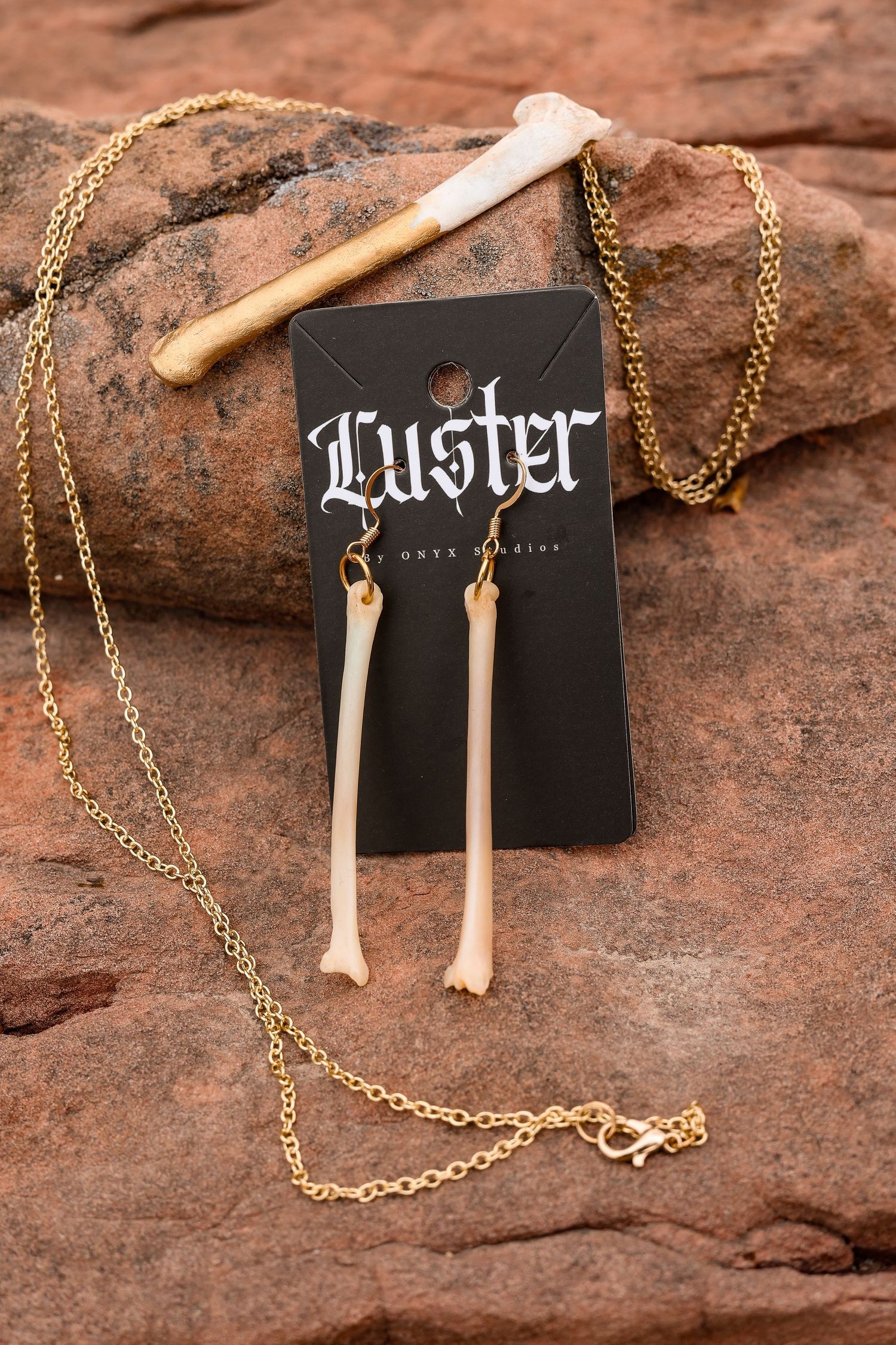 Bone-shaped jewelry and Luster brand display on red rock surface.
