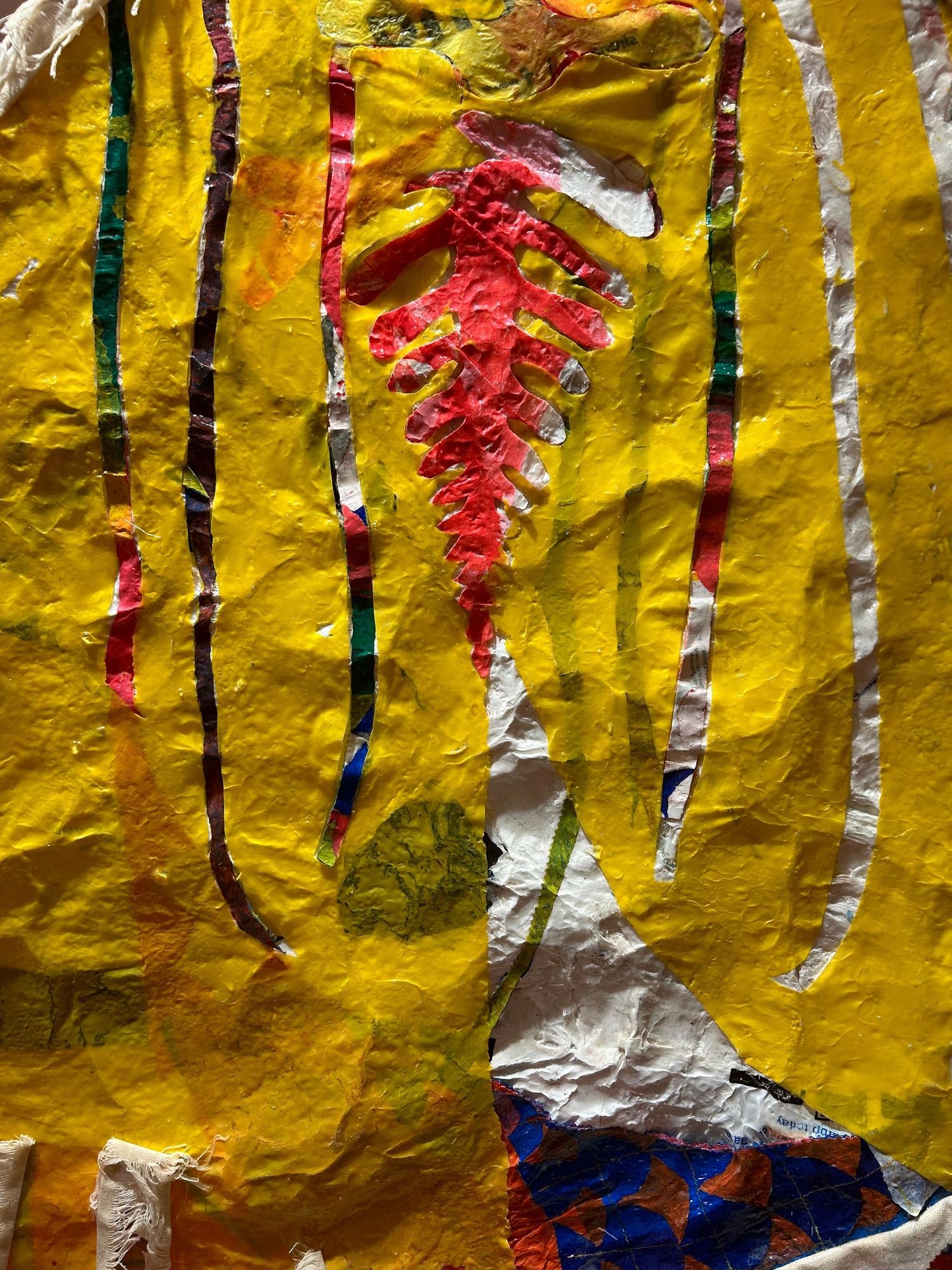 Abstract yellow artwork with vertical stripes and textural elements in red and green.