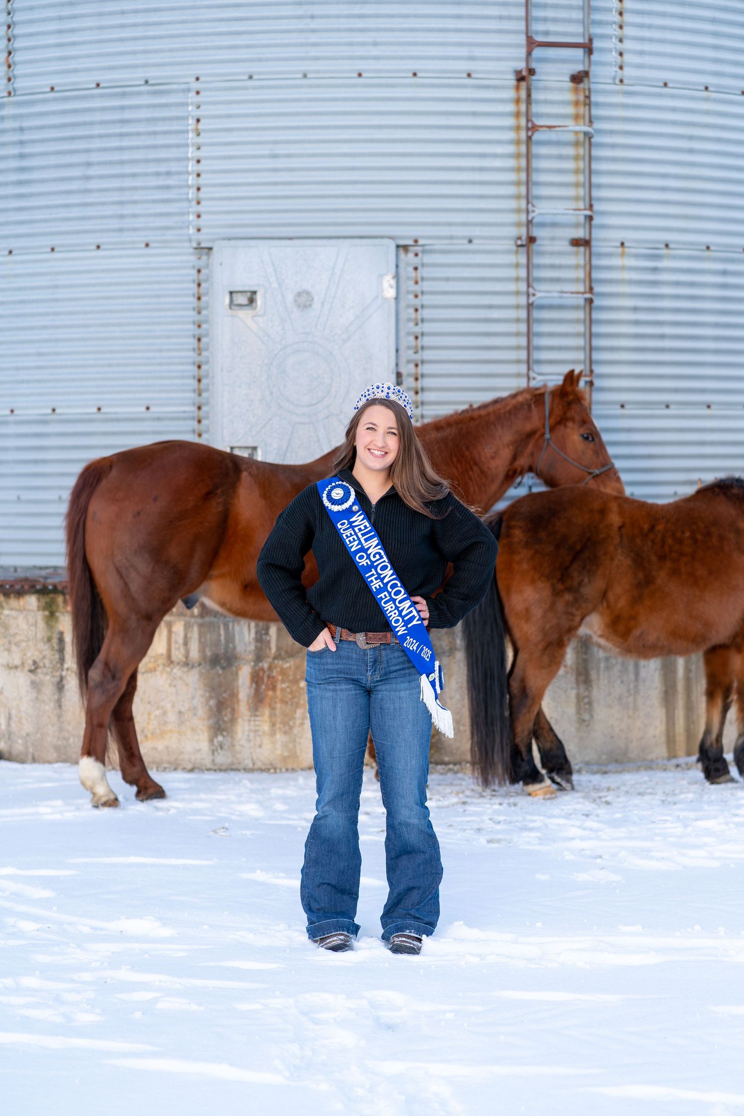 A person wearing a sash stands in front of brown horses and a metal grain silo in snowy conditions.