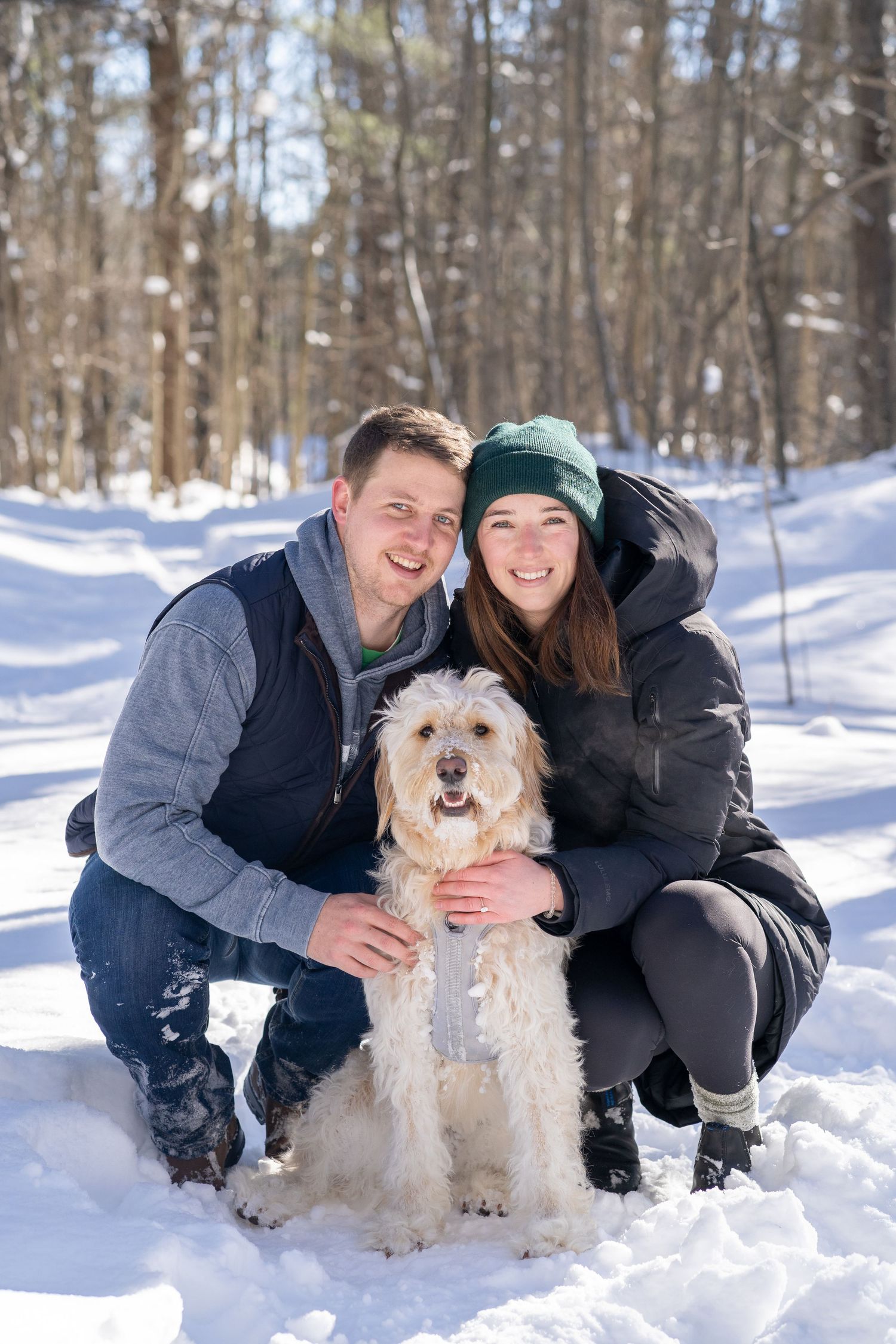 A newly engaged couple poses with their dog in a snowy winter forest setting.