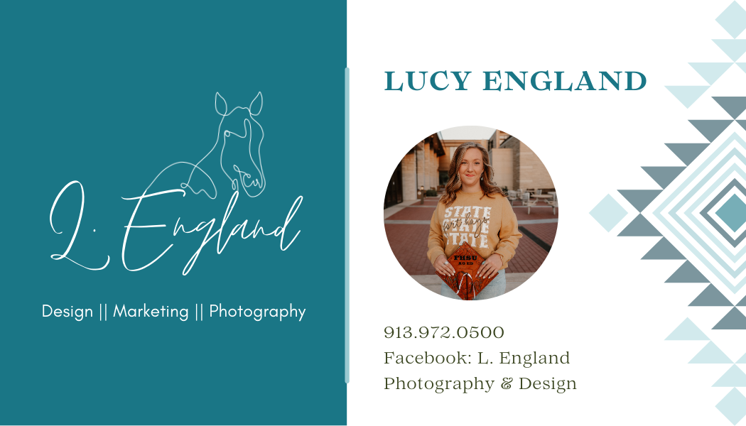 Business card design featuring horse logo and geometric patterns in teal.