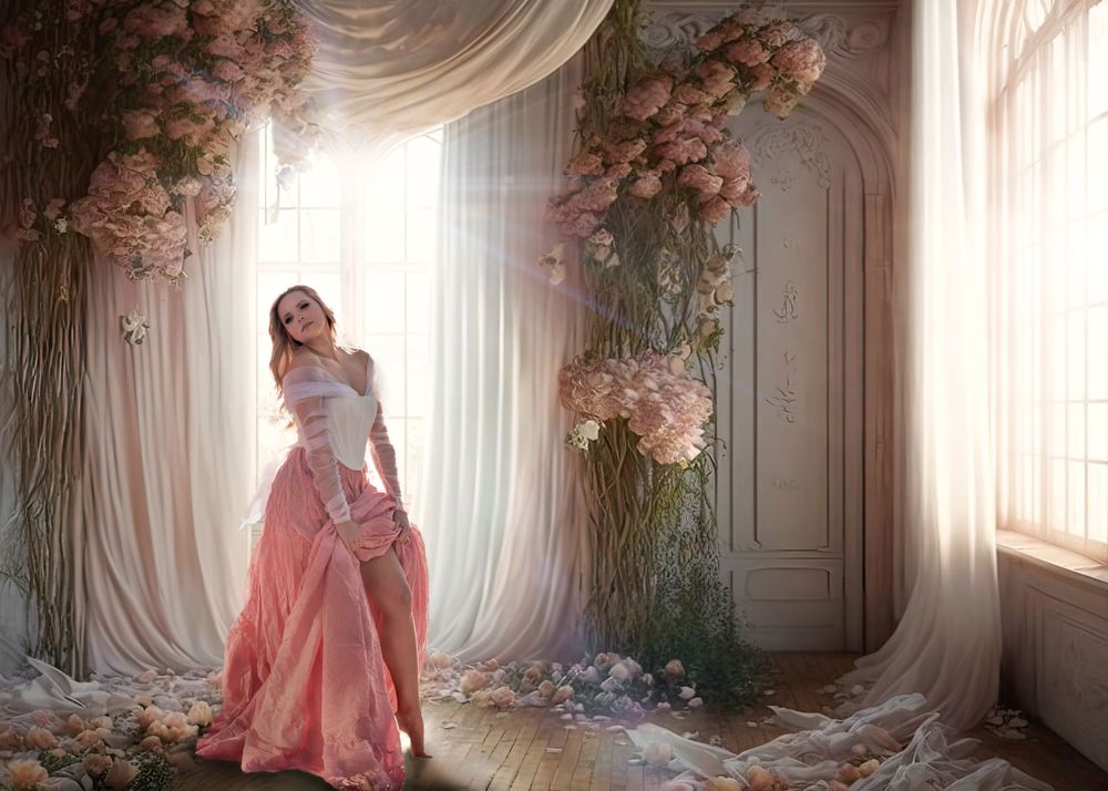 Woman in pink parachute ballgown poses among floral arrangements in dreamy sunlit room.