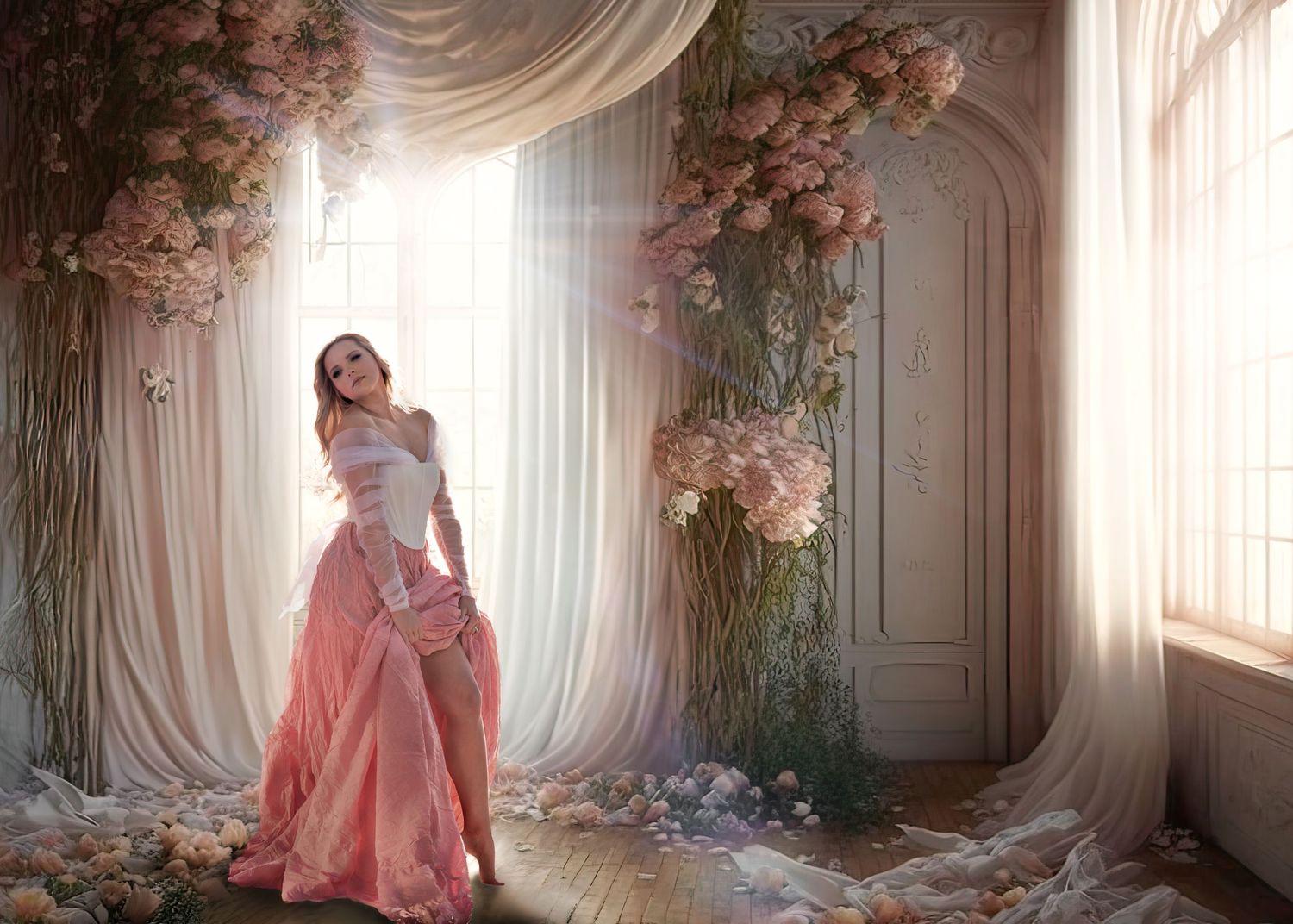 Woman in pink parachute ballgown poses among floral arrangements in dreamy sunlit room.