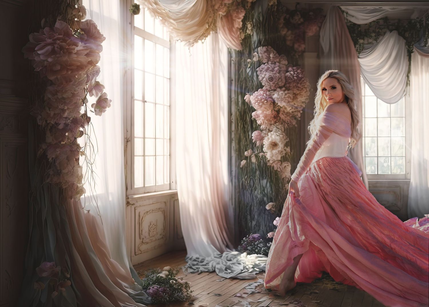 Woman in pink parachute skirt poses by flower-adorned doorway in ethereal sunlit room.