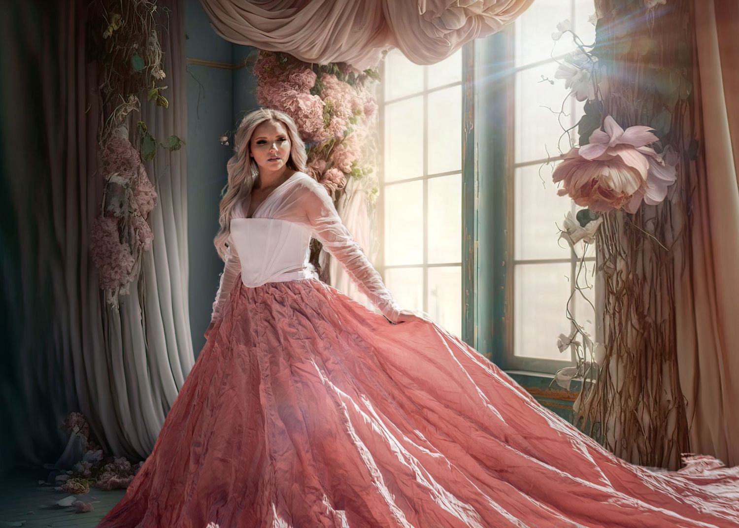 Blonde woman in pink parachute ballgown stands in sunlit floral fantasy room.