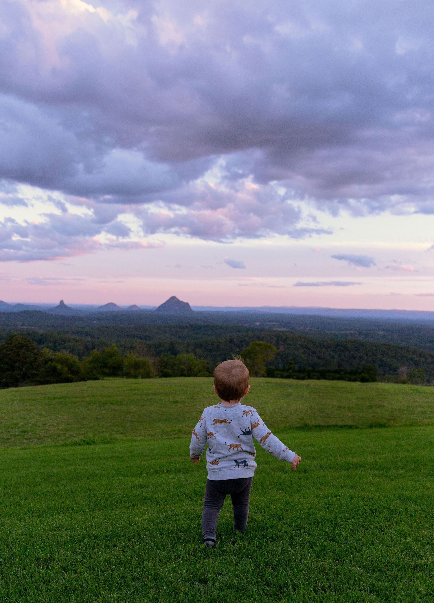 Child running through green field under dramatic cloudy sunset sky.