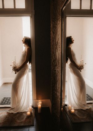 A figure in a flowing white dress stands silhouetted against a window in a moody, artistic sequence of photos.