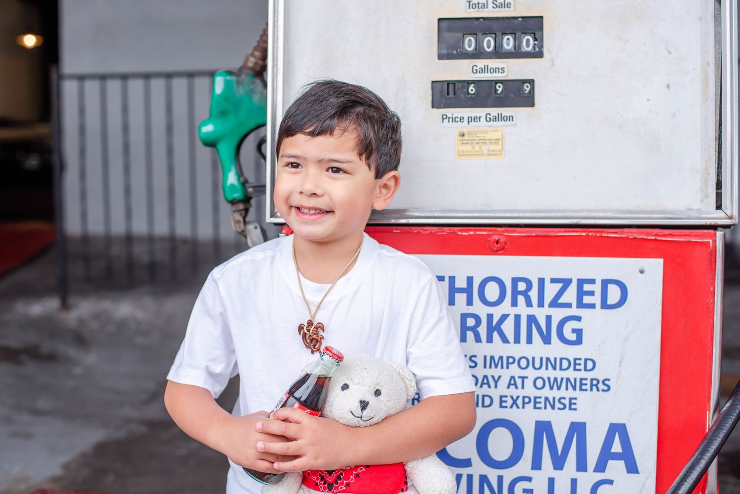 Series of photos showing someone enjoying a drink near vintage gas pumps.