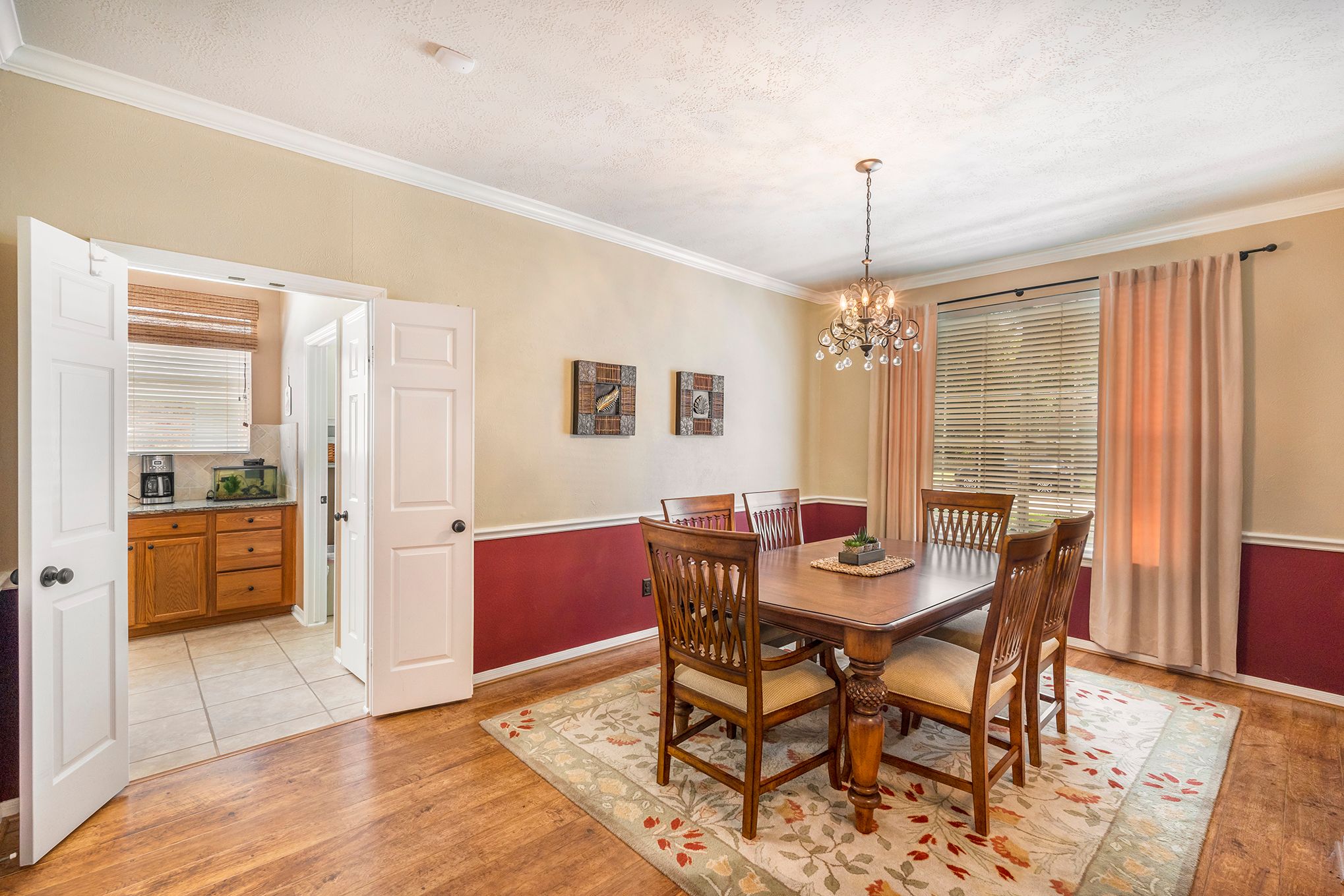 Collage of interior home photos showing dining room, hallway, and living spaces with hardwood floors and neutral decor.