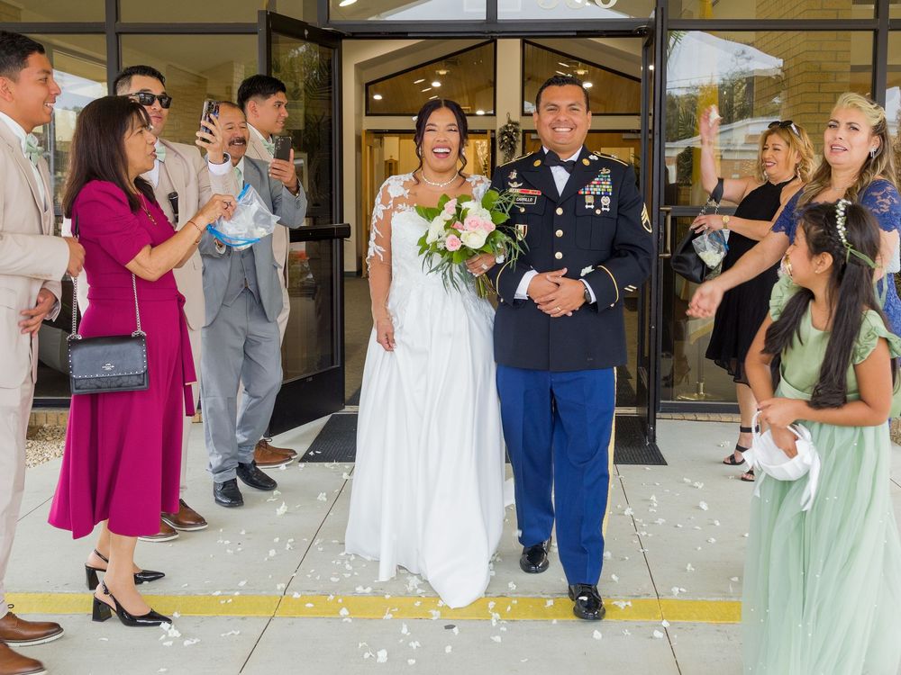 A sequence of candid wedding reception photos showing dancing, embraces and joyful celebration moments at an indoor venue.