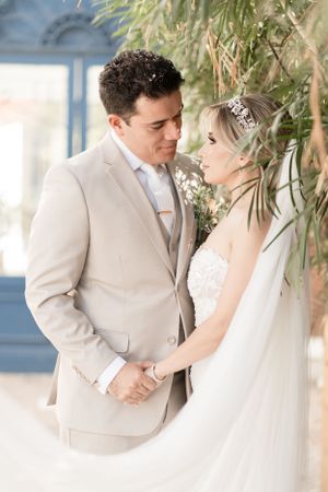 Romantic wedding couple embracing under hanging greenery and natural light.