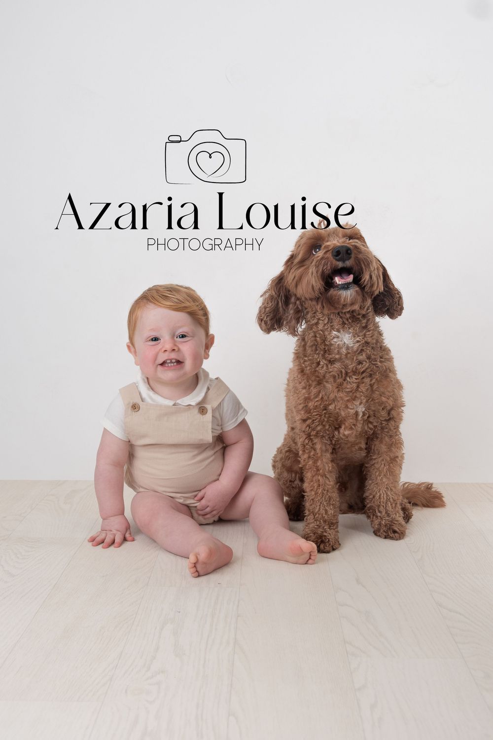 Professional studio portrait features a brown goldendoodle dog sitting beside a small child against a light backdrop.