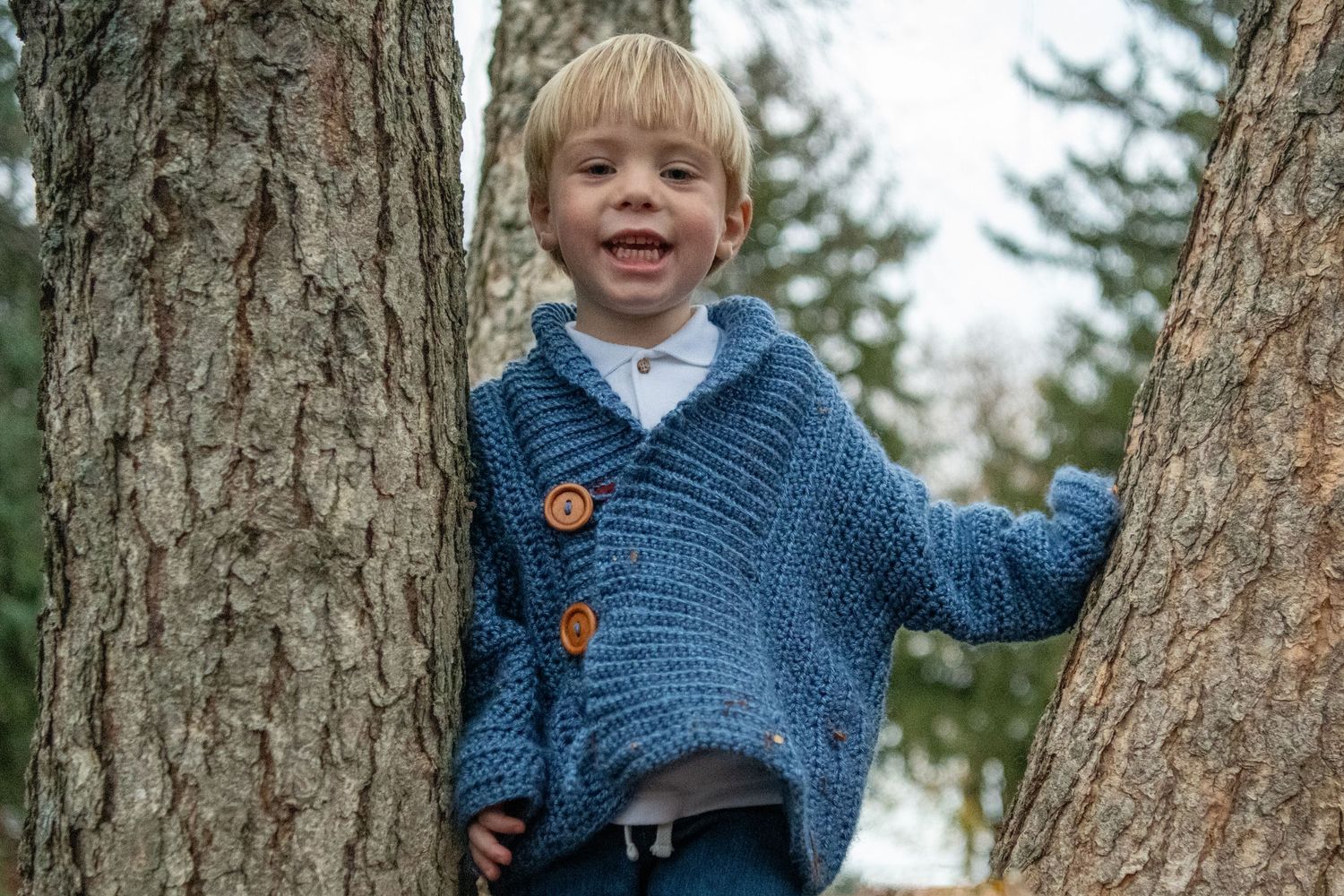 Child in blue knit cardigan stands between two tree trunks outdoors.